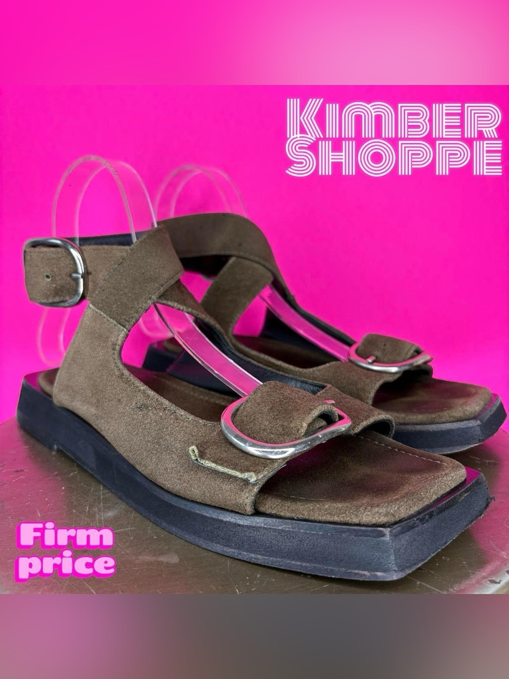Mishka Khaki Suede Square Toe Crisscross Buckle Strap Flat Sandal EU 36